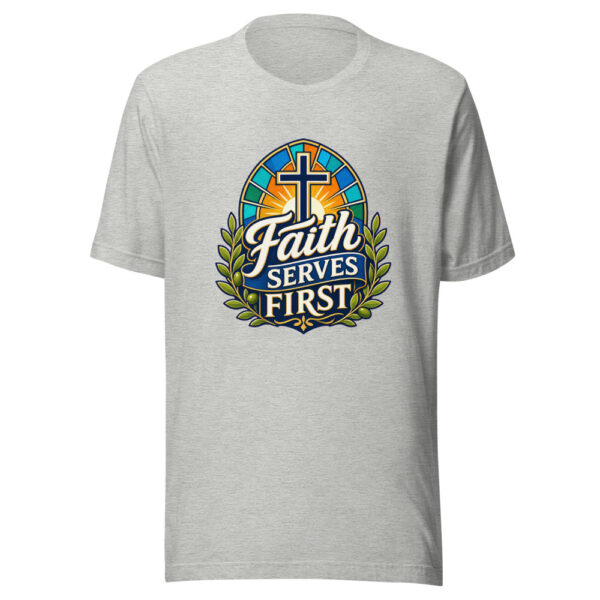 Faith Serves First Graphic Tee mockup 5