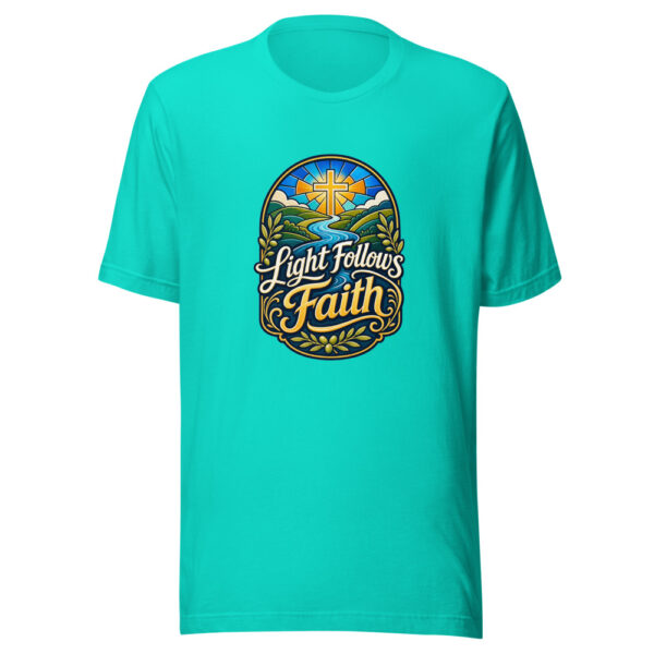 Light Follows Faith Graphic Tee mockup 4