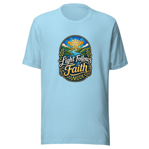 Light Follows Faith Graphic Tee mockup 5