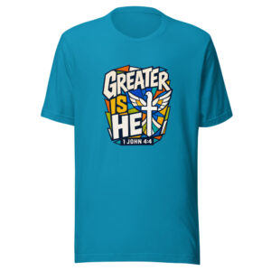 1 John 4:4 Greater Is He Graphic Tee mockup 1 1 John 4:4 Greater Is He Graphic Tee front view