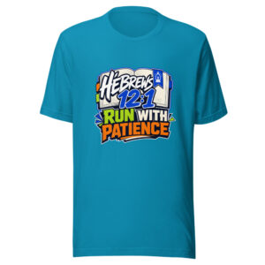 Hebrews 12:1 - Run With Patience Graphic Tee mockup 1 Hebrews 12:1 - Run With Patience Graphic Tee front view
