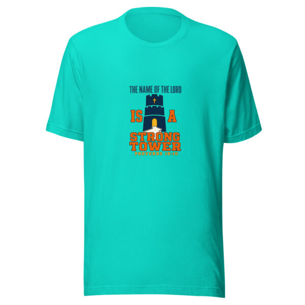 The Name Of The LORD Is A Strong Tower — Proverbs 18:10 Scripture-strong-tower Graphic Tee mockup 3 The Name Of The LORD Is A Strong Tower — Proverbs 18:10 Scripture-strong-tower Graphic Tee mockup 3