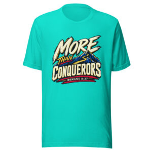 More Than Conquerors — Romans 8:37 Scripture-victorious-endurance Graphic Tee mockup 1 More Than Conquerors — Romans 8:37 Scripture-victorious-endurance Graphic Tee front view