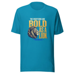 The Righteous Are Bold As A Lion. — Proverbs 28:1 Scripture-courage-lion Graphic Tee mockup 1 The Righteous Are Bold As A Lion. — Proverbs 28:1 Scripture-courage-lion Graphic Tee front view